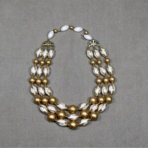 Vtg Signed Deauville Gold & White Triple Strand Faux Pearl Statement Necklace